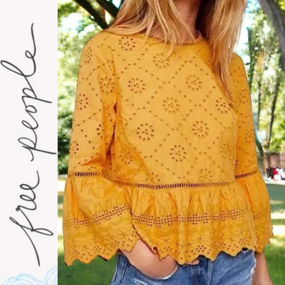 Free People Tops - FREE PEOPLE RUFFLE EYELET TOP. MERCI BEAUCOUP BELL SLEEVE BLOUSE. EXCELLENT COND